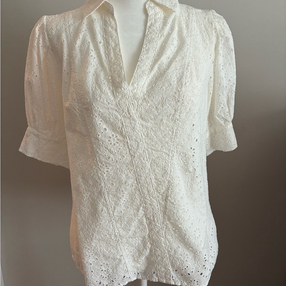 White Puff Sleeve Polo Blouse